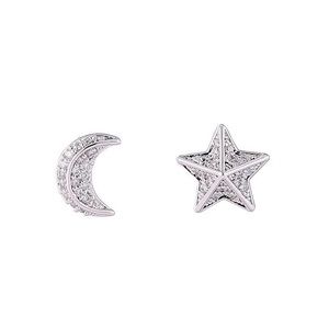 Asymmetrical Pave CZ Moon and Star Stud Earrings